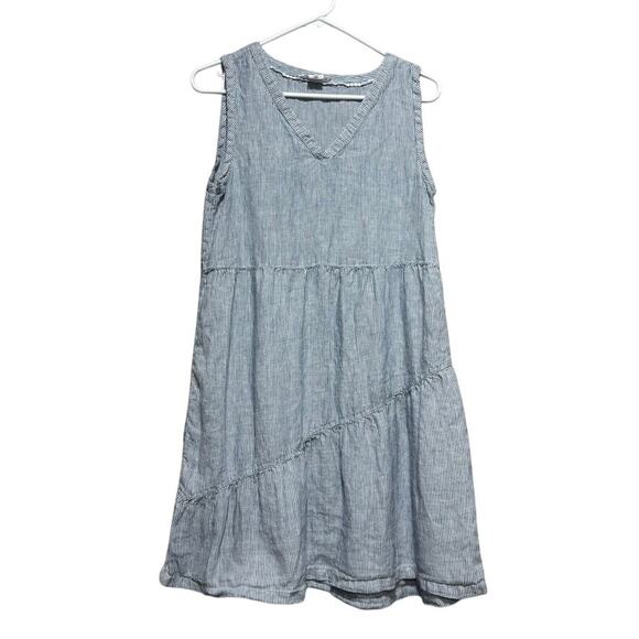 Lucky Brand Dresses & Skirts - Lucky Brand 100% Linen Blue White Striped Sleeveless Tiered V-Neck Dress Size S
